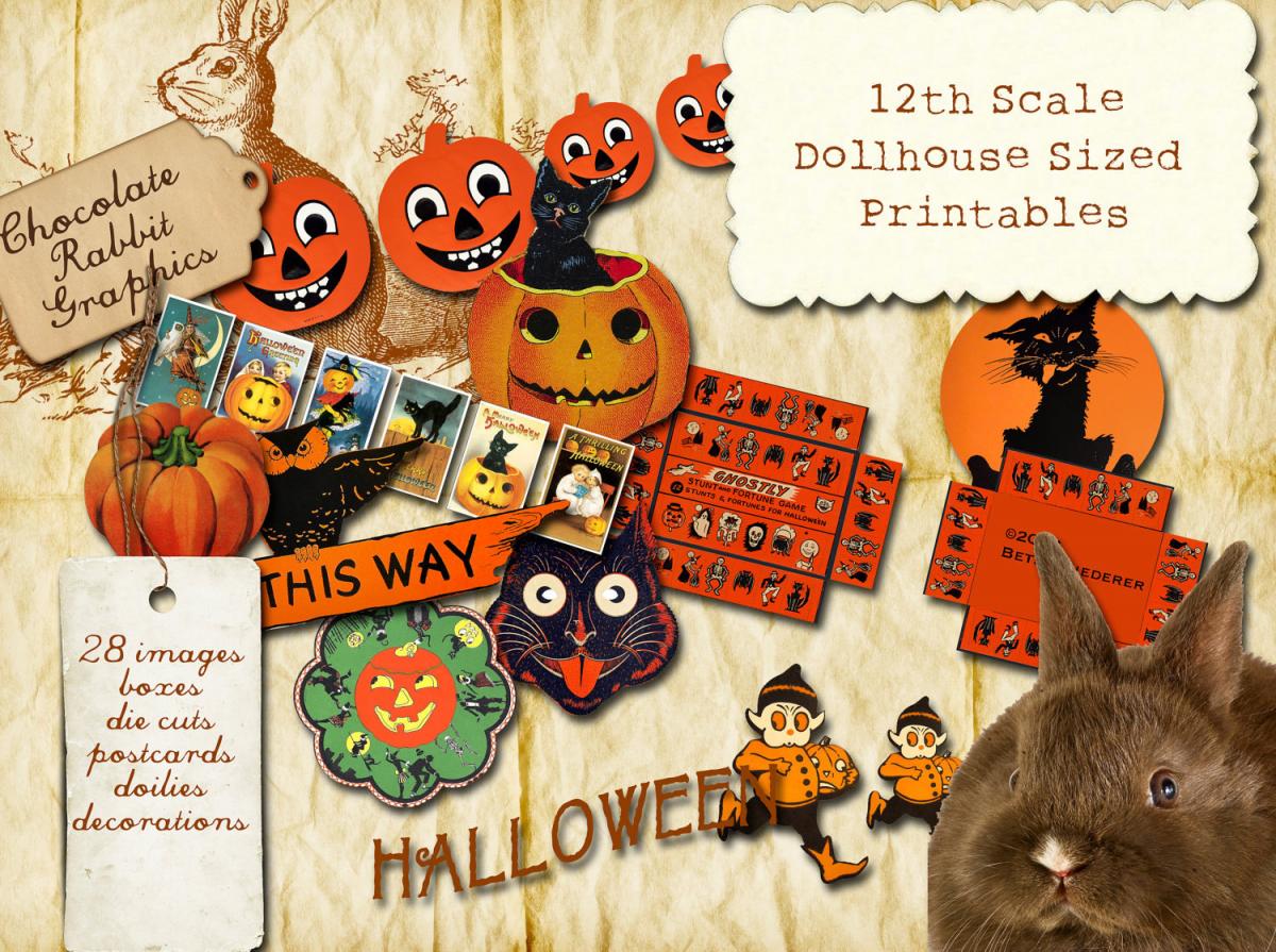 Dollhouse 12th Scale Vintage Halloween Printable Collage Sheet - Decorations Boxes Mask Postcards